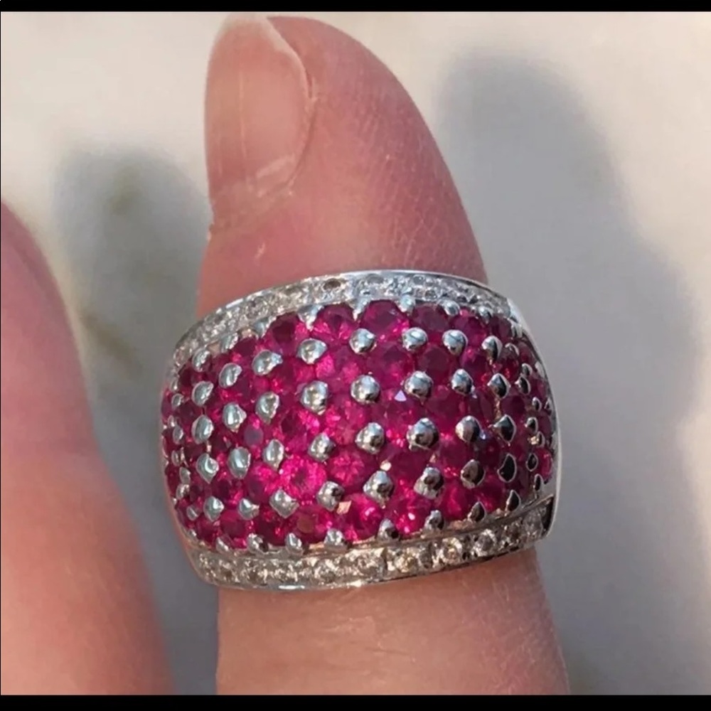 14K WHITE GOLD DIAMOND & PINK SAPPHIRE RING 8 GRAM